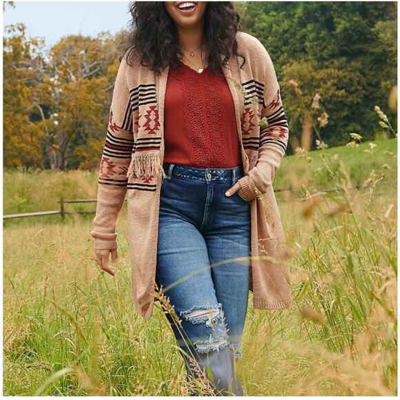 MAURICES Cardigan Sweater Size Large Western Fringe Longline Geo Duster NWT - Picture 1 of 16